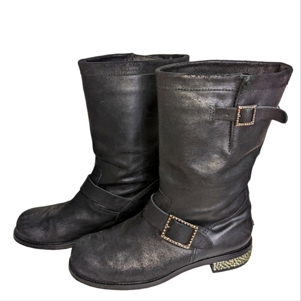 JIMMY CHOO Crystal-Detailed Suede Biker Boots in Black Size 40/US 9